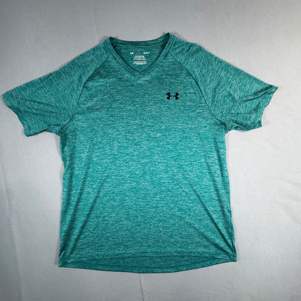 Under Armour Mens L Tech Tee Teal Heather V-Neck Athletic Shirt Athleisure